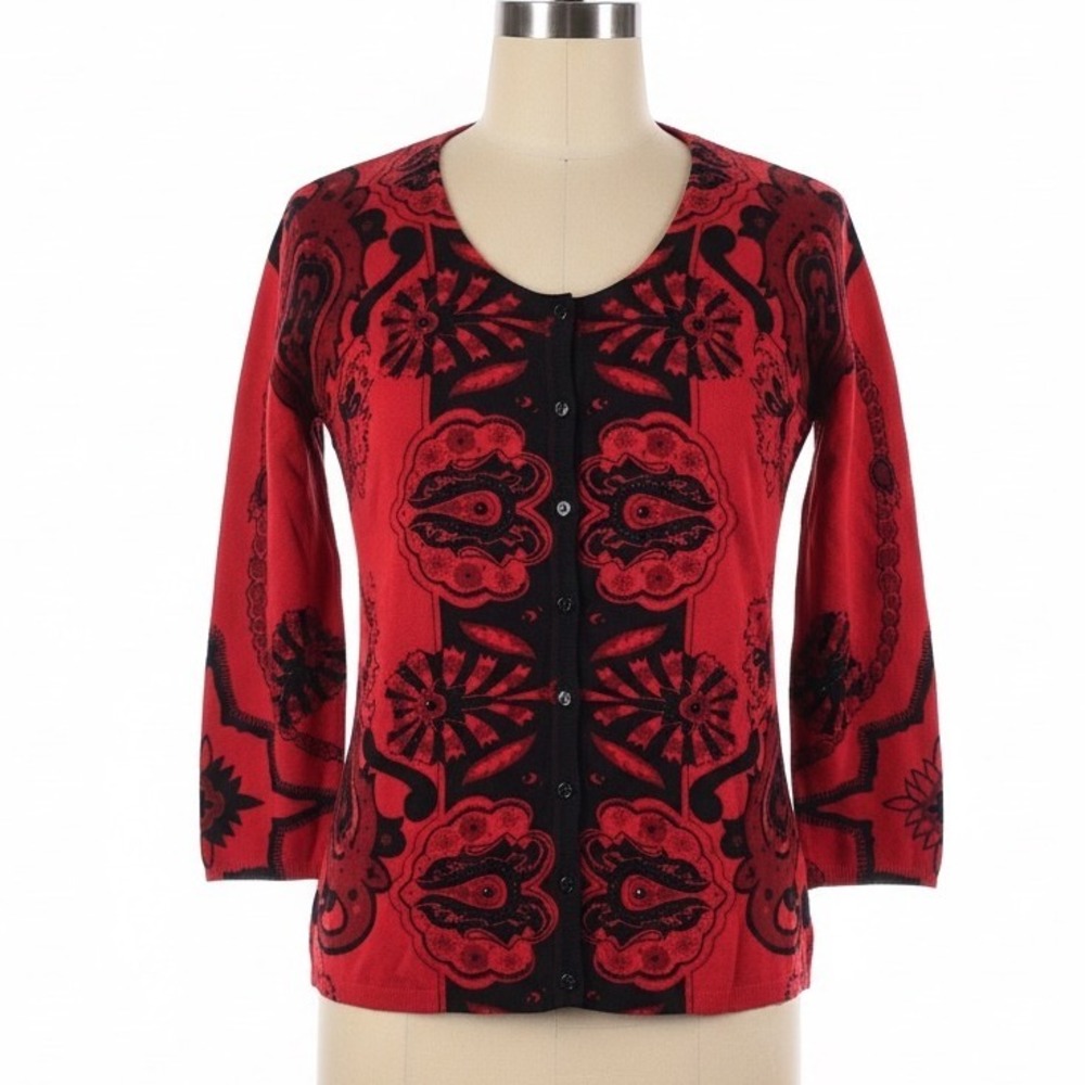 Elizabeth New York Cardigan Red Black Paisley Petite L Embellished‎ Boho Chic